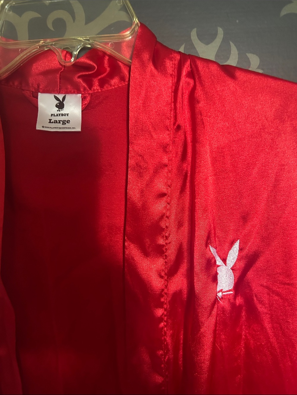 Playful Red Satin women’s robe with Embroidered Bunny